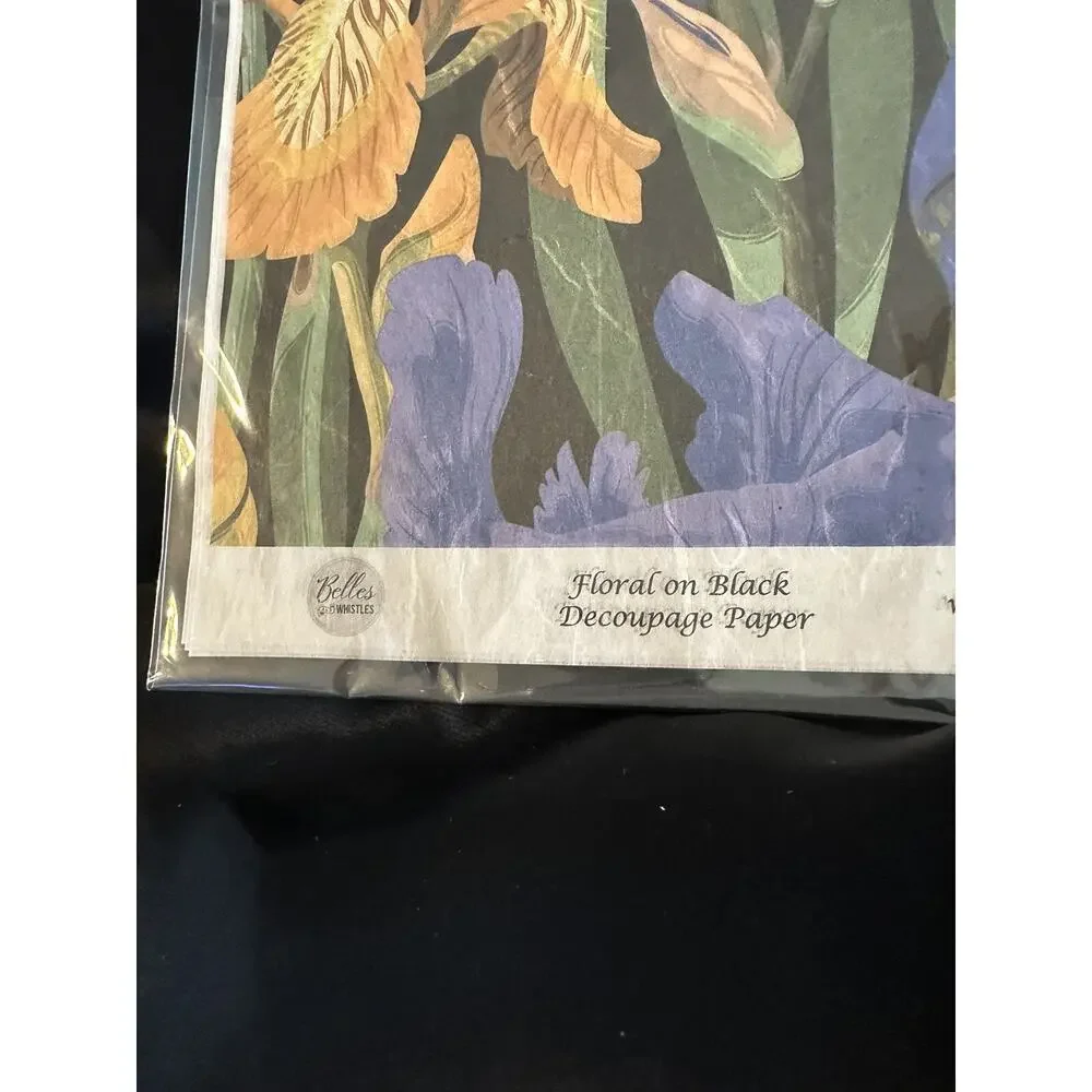 New Sealed Belles & Whistles Floral On Black Decoupage Rice Paper 11.81”x12.6”